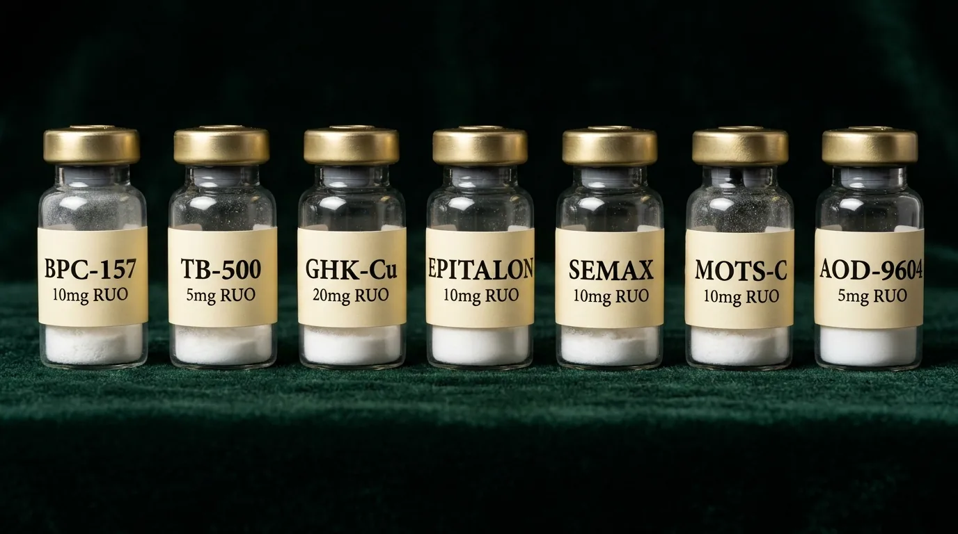 Cresten Labs catalogue: research peptide vials in scientific archive presentation on dark green velvet (photography forthcoming)