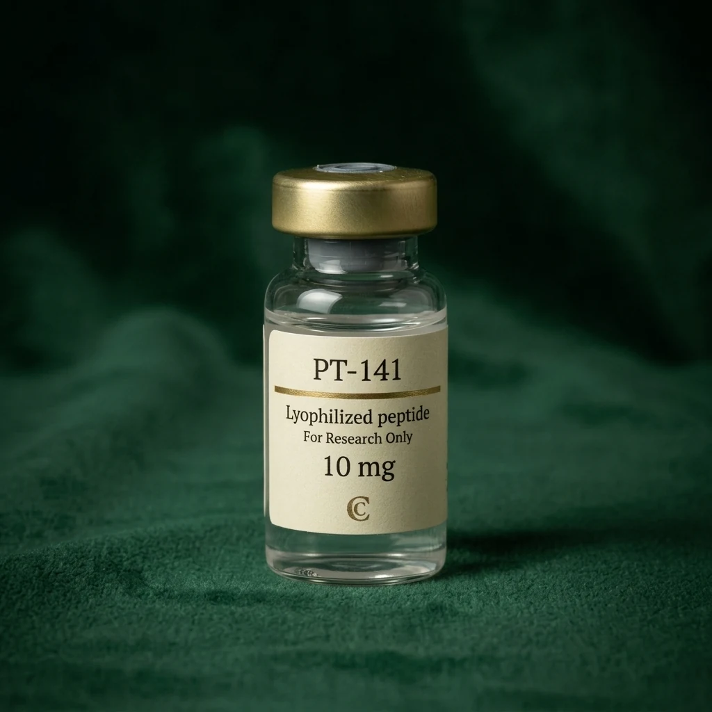 PT-141 10mg lyophilized peptide vial with hypothalamic-pituitary diagram, Cresten Labs