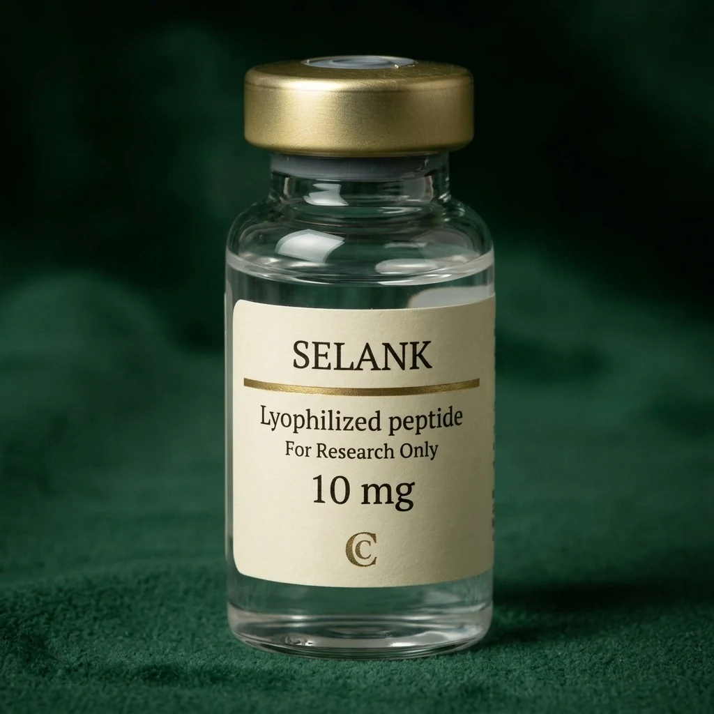 Selank lyophilized peptide vial on neuroanatomy reference, Cresten Labs